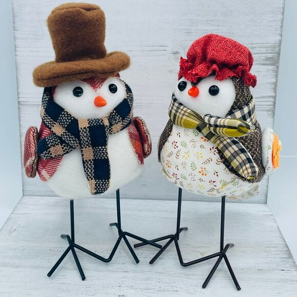 Fall Harvest Male Female Fabric Birds in Tophat Scarves Metal Legs/Feet - Picture 1 of 9